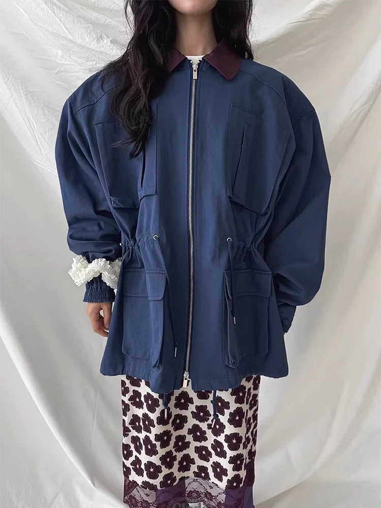 

SuperAen Korean Style Autumn New Vintage Unique Color-blocking lapel Collar Pocket Drawstring Long-sleeved Women Jackets