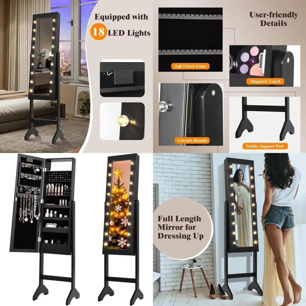 Black Full-Length Mirror Jewelry Cabinet with LED Lights, Storage, Lipstick Holders, Shelves, Earring Notches & Makeup Mirror