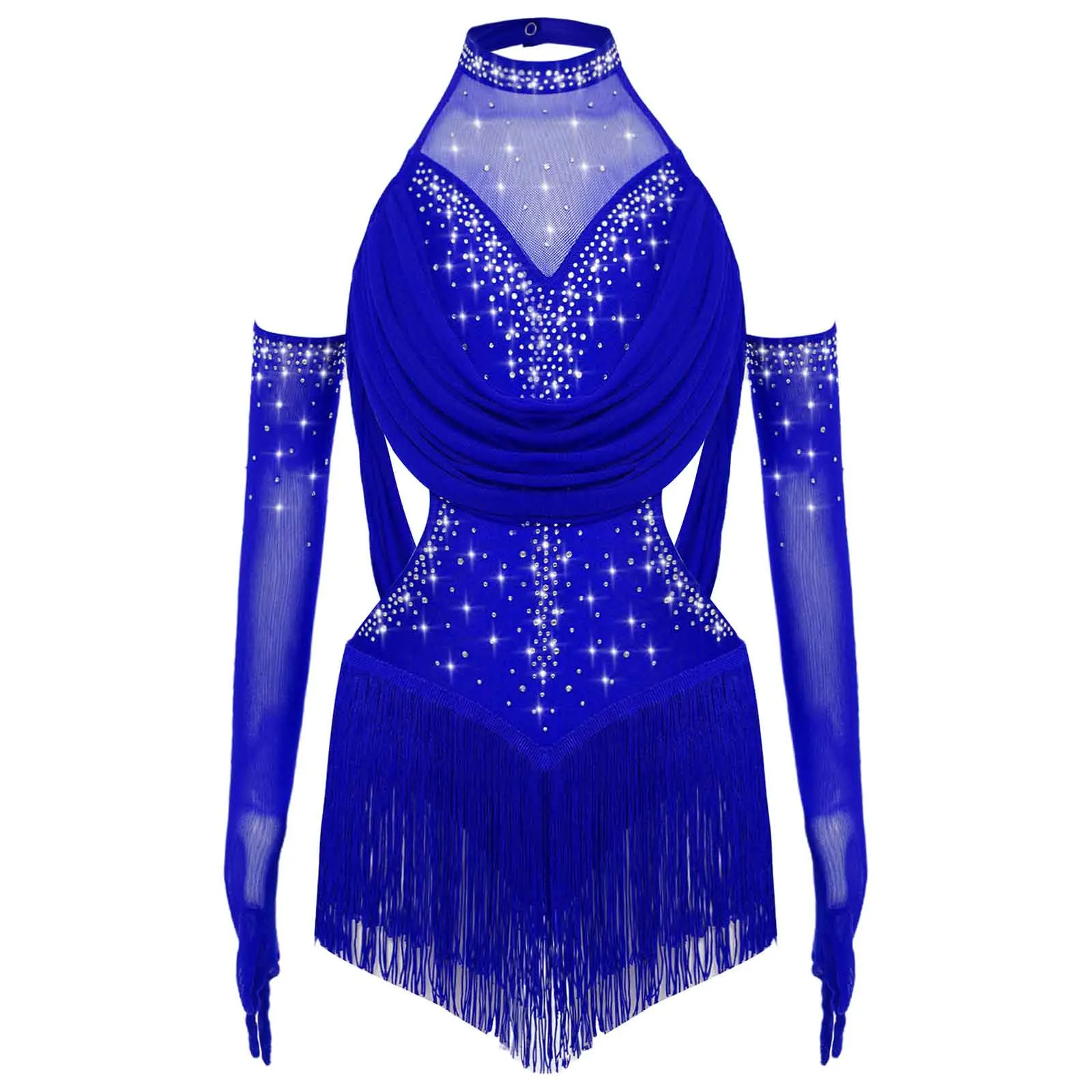 Kids Girls Tassel Latin Jazz Dance Leotard Dress Glittery Rhinestones Ruched Mesh Cutout Skirted Bodysuit+Mesh Gloves Suit 2Pcs