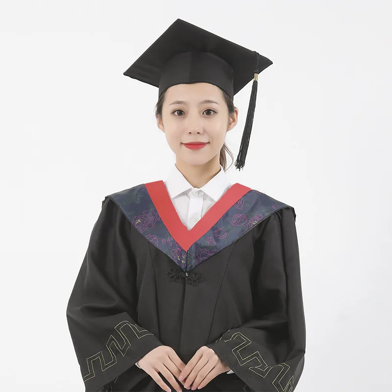 Uniforme scolaire avec casquette et robe de graduation pour étudiants, robe universitaire noire, robe académique unisexe, casquettes à pampilles brodées