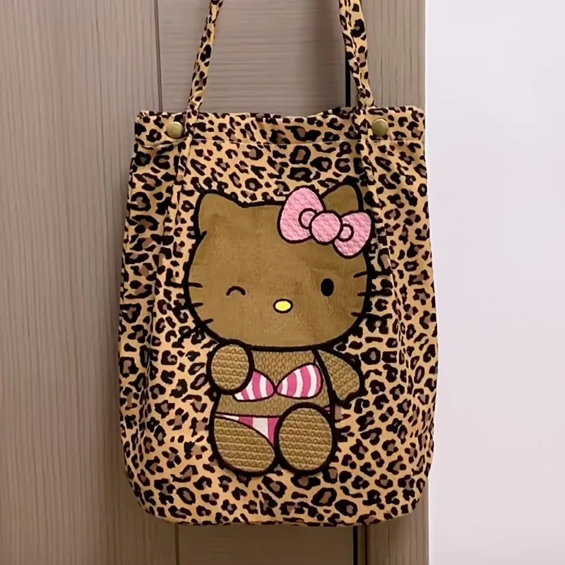 MBTI Y2k Hello Kitty Shoulder Bag for Women Canvas Leopard Print Embroidery Cartoon Handbag Hong Kong Style Fashion Armpit Bag