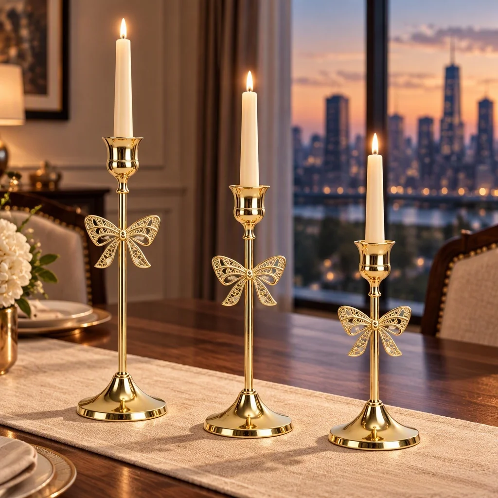 French Vintage Bow Candlestick Holder Set, Hollow Bowknot Candle Stands, Romantic Table Decor for Dinner, Wedding & Holiday