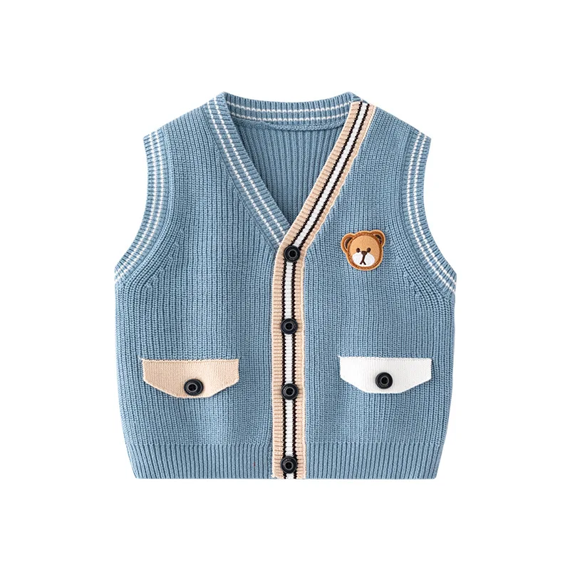 Toddler Boy Knitwear Spring Autumn Cotton Pit Colorful Striped  Baby Boys Waistwear Bear Sticker Kid Boy Sweater 2 Color Options