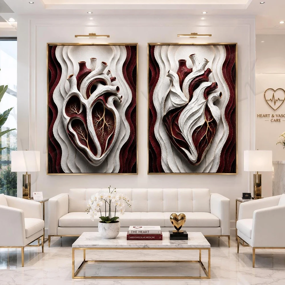 Anatomical diagrams of the heart and aorta, cardiology, human heart, neurology (brain), lungs, medical office decorative posters