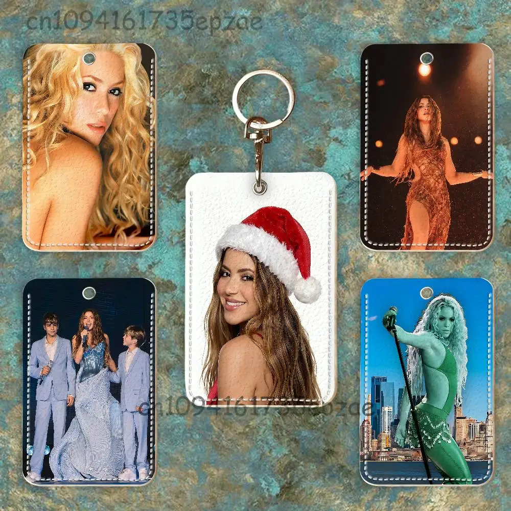 

S-Shakira Rectangle Card Case Keychain Access Card Bag Key Tag Ring Leather Card Holder Key Ring Access