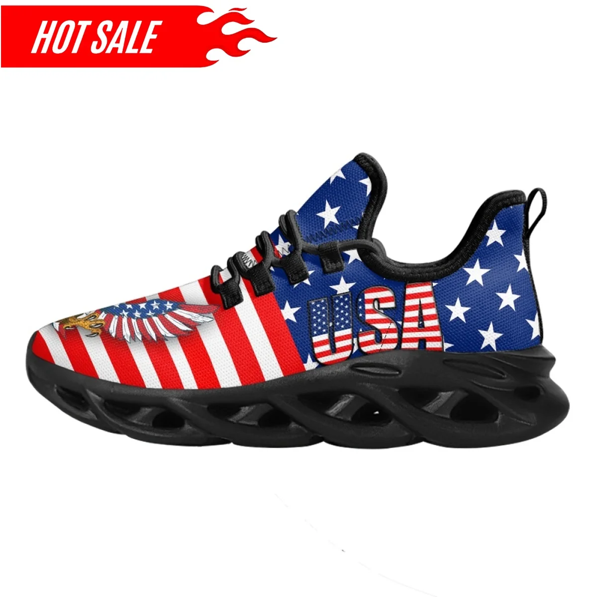 Summer Lace-up Air Cushion Sneakers American Eagle USA Flag Print Mesh Running Shoes for Womens Mens Round Toe Flats