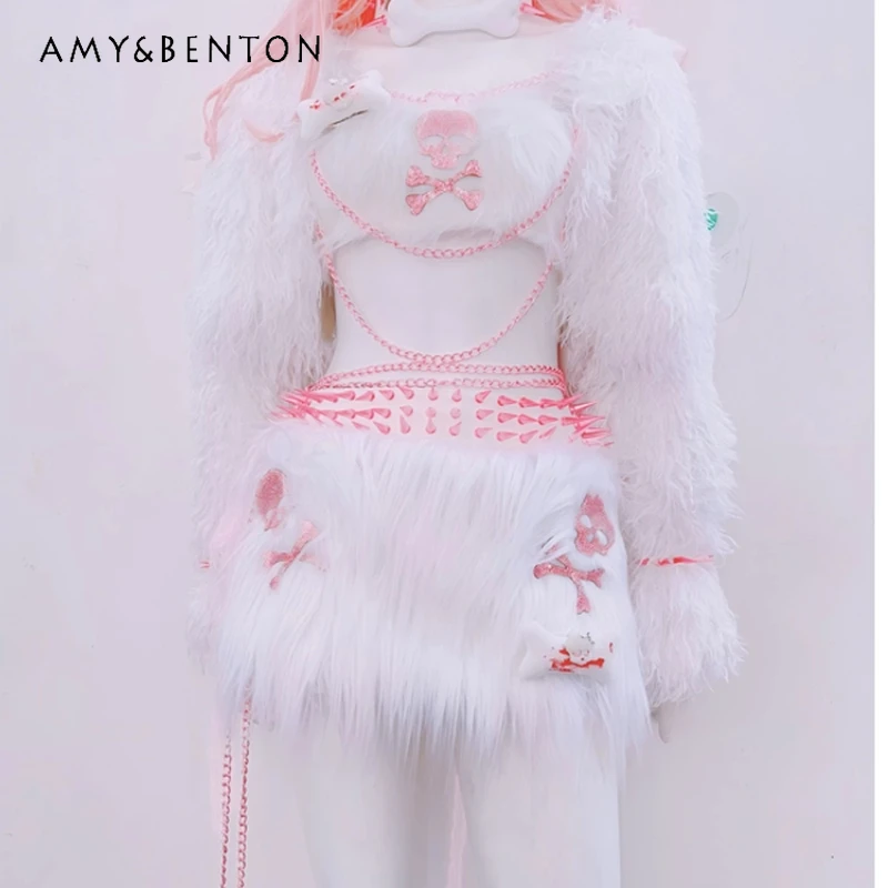 

Gothic Original White Fluffy Fairy Women's Tube Top Autumn Winter New Sweet Cool Sexy Performance Outfit Short Skirt Set Ladies