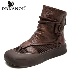 DRKANOL 2024 Handmade Retro Summer Cool boots Women Genuine Leather Mesh Breathable Roman Style Flat Ankle For Boots Women Shoes