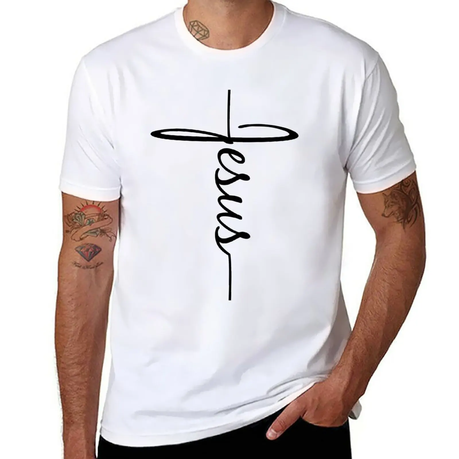 New Jesus - Christian Faith Cross Script Baptism Gift T-Shirt summer tops t shirts for men cotton