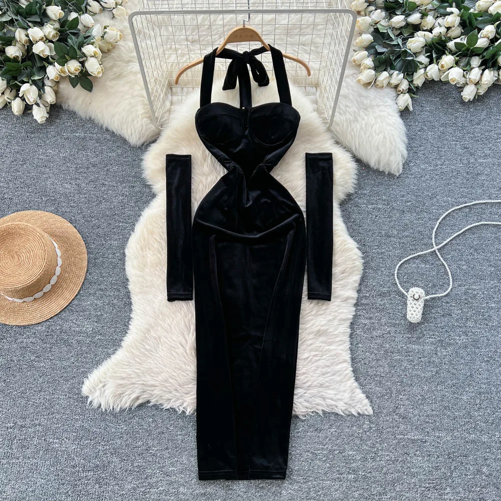 Chic vintage halter velour long sleeve Long dress korean fashion autumn women clothing ceremony dresses