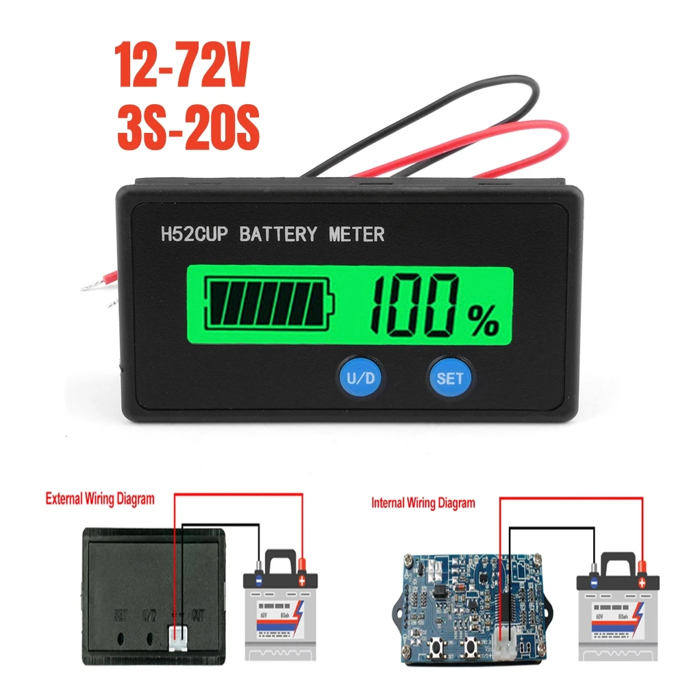 

H52 Battery Capacity Indicator 12V 24V 36V 48V 60V 72V Lead Acid Lithium LiFePO4 Voltmeter Voltage Gauge for Car Motorcycle