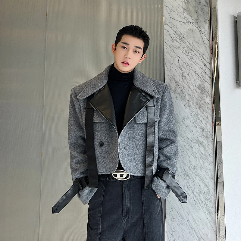 

Повседневная шерстяная куртка для мужчин: модная, с воротником-стойкой, на молнии, с кожаными вставками, для весны и осени, молодежная.