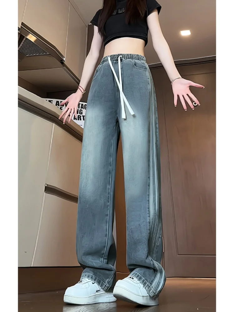 

Летние тонкие свободные джинсы прямого кроя для мужчин в стиле ретро, американские брюки в стиле High Street, легкие классические прямые брюки с полосками и лоскутным узором