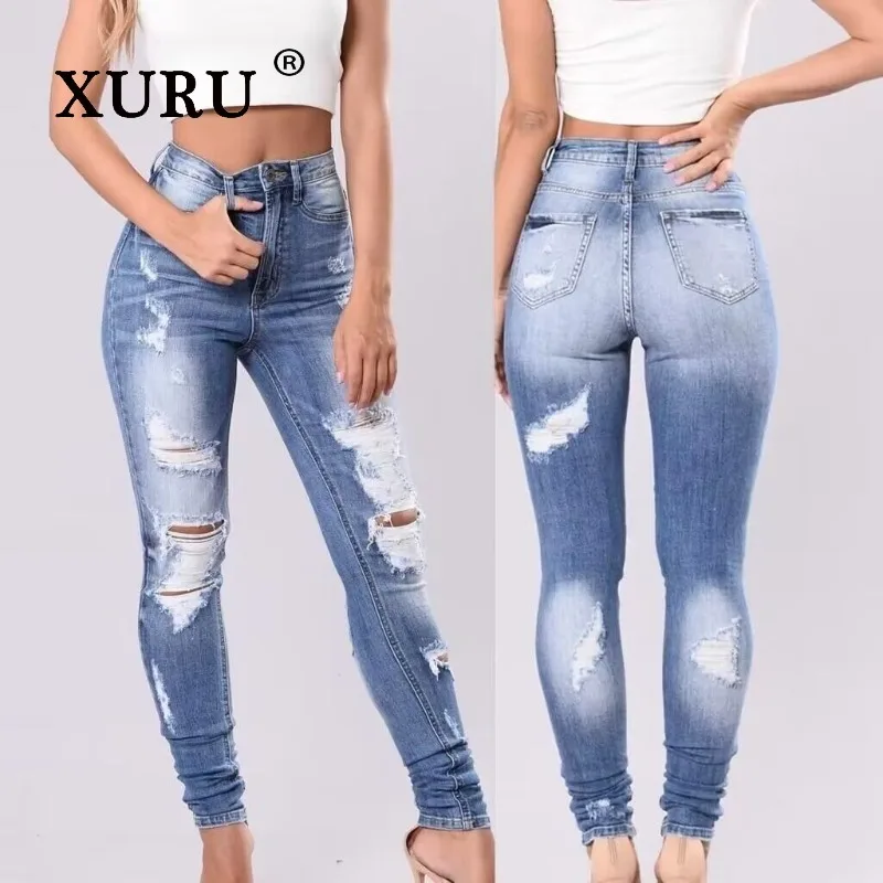 

XURU - New Women's High Waisted Ripped Jeans, Fashionable Hot Pants, Light Blue Long Jeans Pants