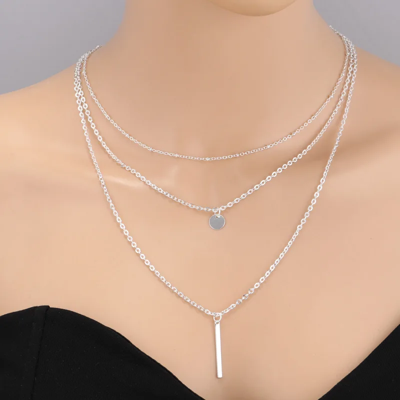 New Women Fashion Gold Color 3 Layers Chain Necklace Hollow Out Triangle Long Pendant Necklaces Jewelry Jewelry Gift image 5