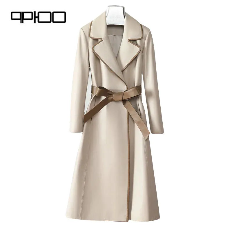 Trench-coat en cuir mi-long pour femme, slim, couleur laçage, printemps 2022, qp100