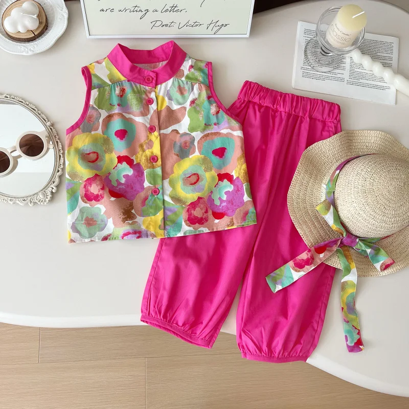

Girls' Summer Outfit New Printed Sleeveless Round Neck Shirt+Two-Piece Casual Pants Set for Girls