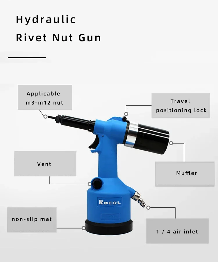 ROCOL Pneumatic Rivet Nut Gun Kit Industrial Adjustable Stroke Pneumatic Hydraulic Automatic Riveter Tool M3-M12 Rivnut Riveting