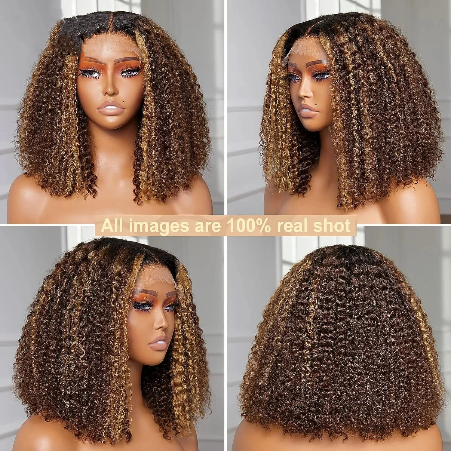 4/27 Highlight Curly Bob Wigs 13x4 Lace Front Human Hair Wig Brazilian Hair Remy Ombre Brown Deep Wave Wigs Human Hair For Women