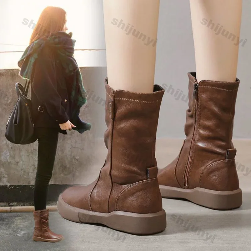 Women Retro Thick Sole Mid Calf Boots Fashion Flat Plus Fleece PU Leather Ankle Boot Woman New Comfort Autumn Winter Botas Mujer