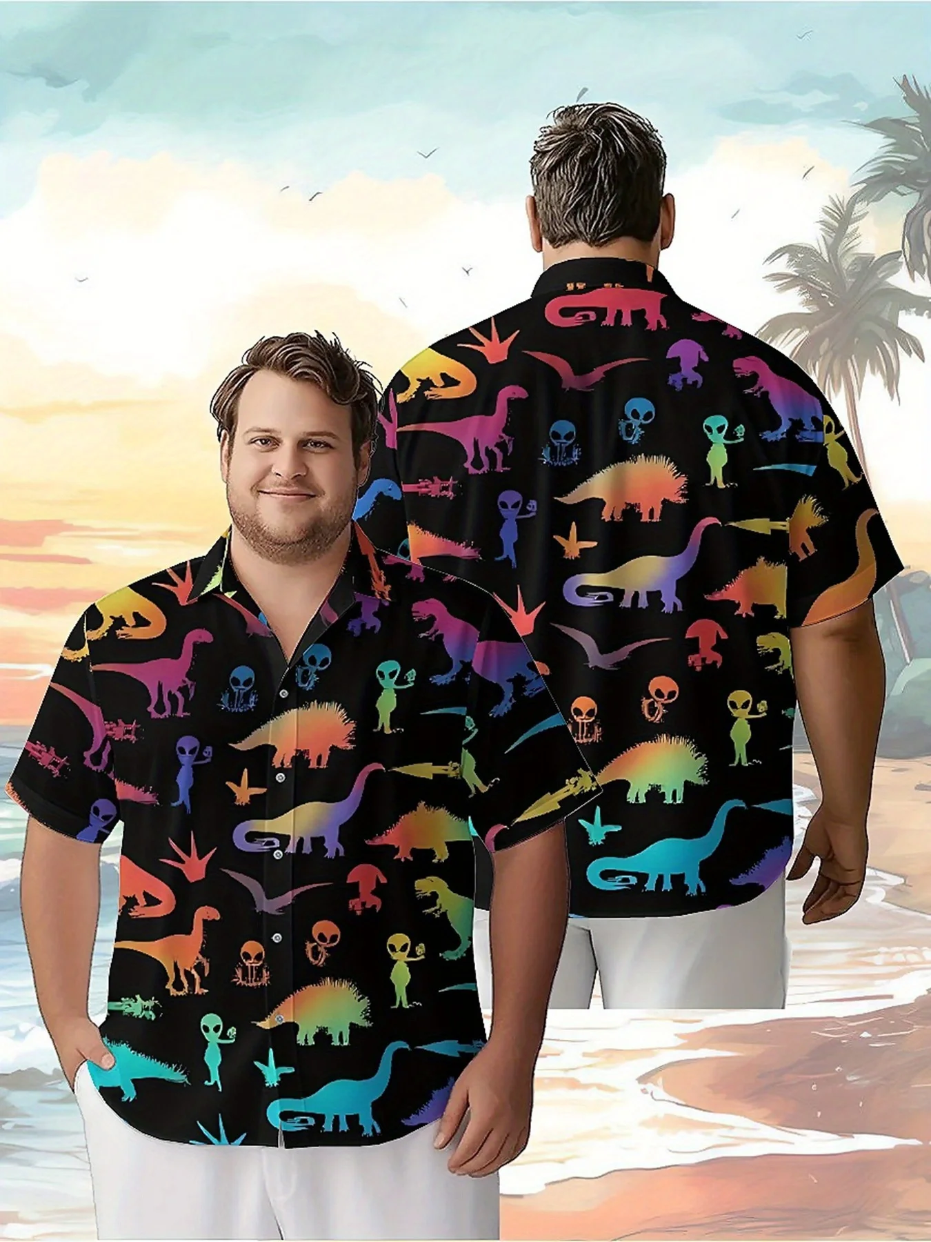 

Men's Plus Size Hawaiian Shirts Rainbow Dinosaurs and Aliens Pattern, Summer Casual Tops, Suitable for Outdoor Party, Streetwear