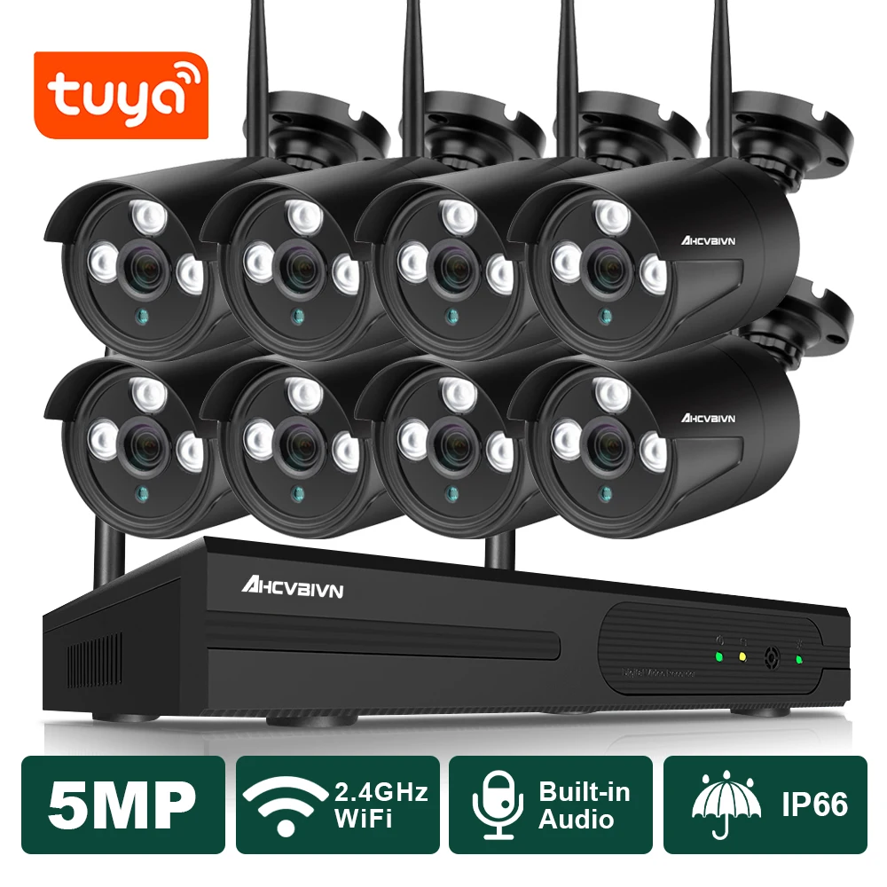 8Channel Wireless CCTV System H.265+ Tuya NVR with 8CH 5MP Outdoor IP Camera WIFI Smart Life Security Protection System Kit P2P