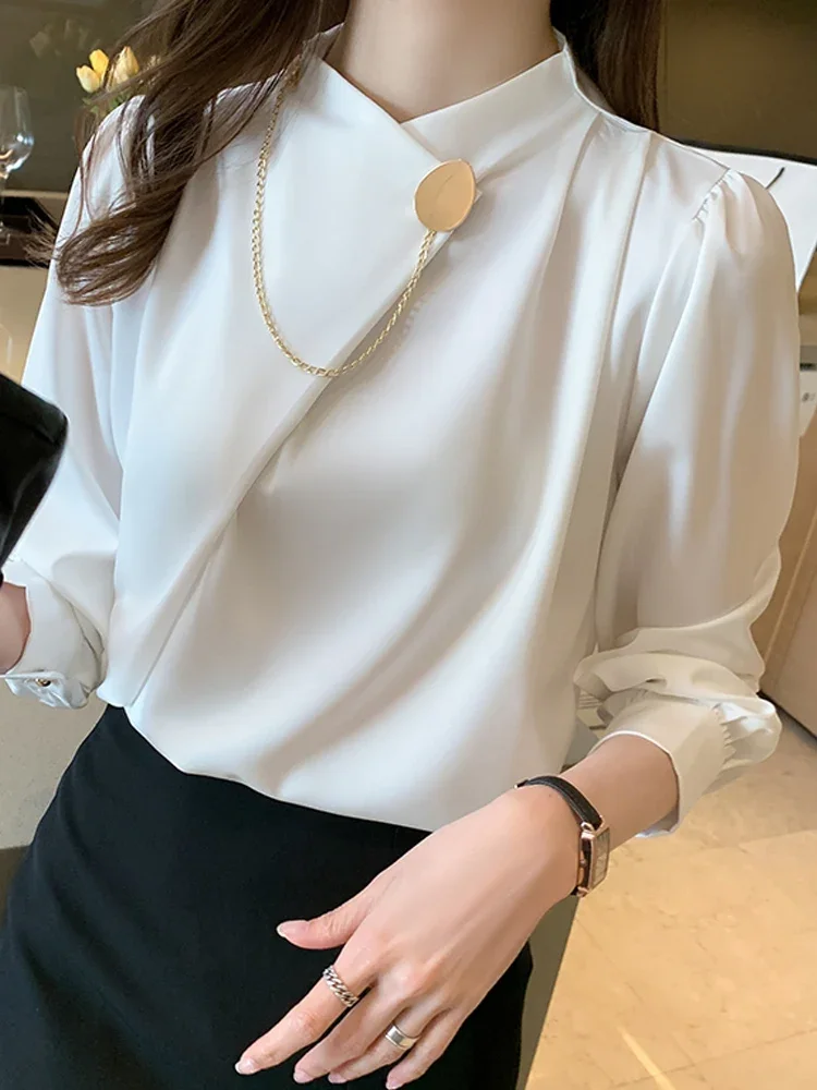 Langarm Bluse Frauen Blusas Mujer de Moda 2024 Stehkragen weiß Chiffon Bluse Hemd Blusen Femme Frauen Tops Shirts F208