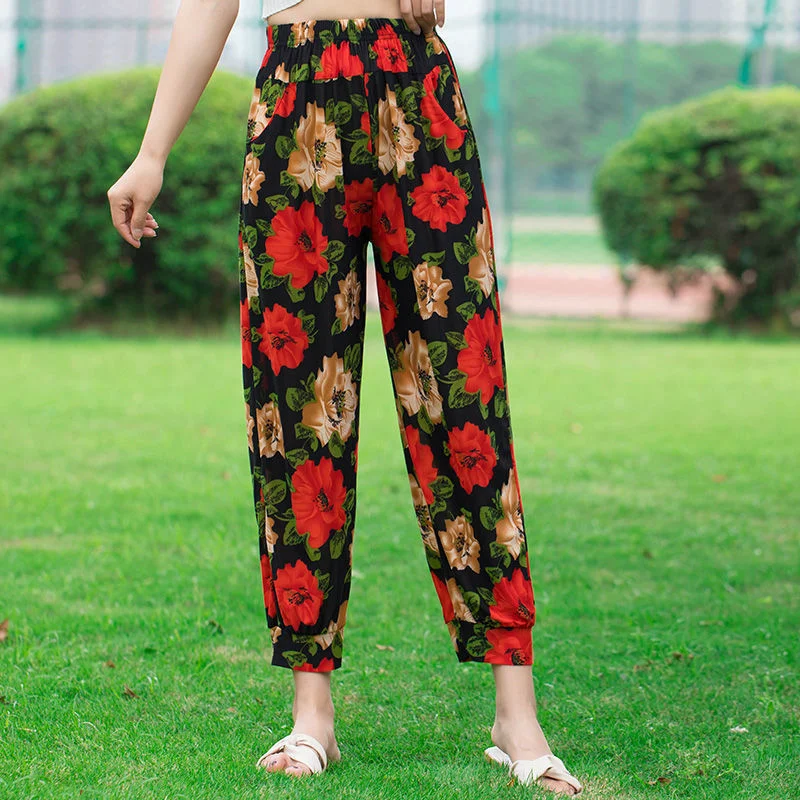 Middle Aged Women Loose Thin Floral Print Trousers XL-5XL Spring Summer Casual Elastic High Waist Harem Pants