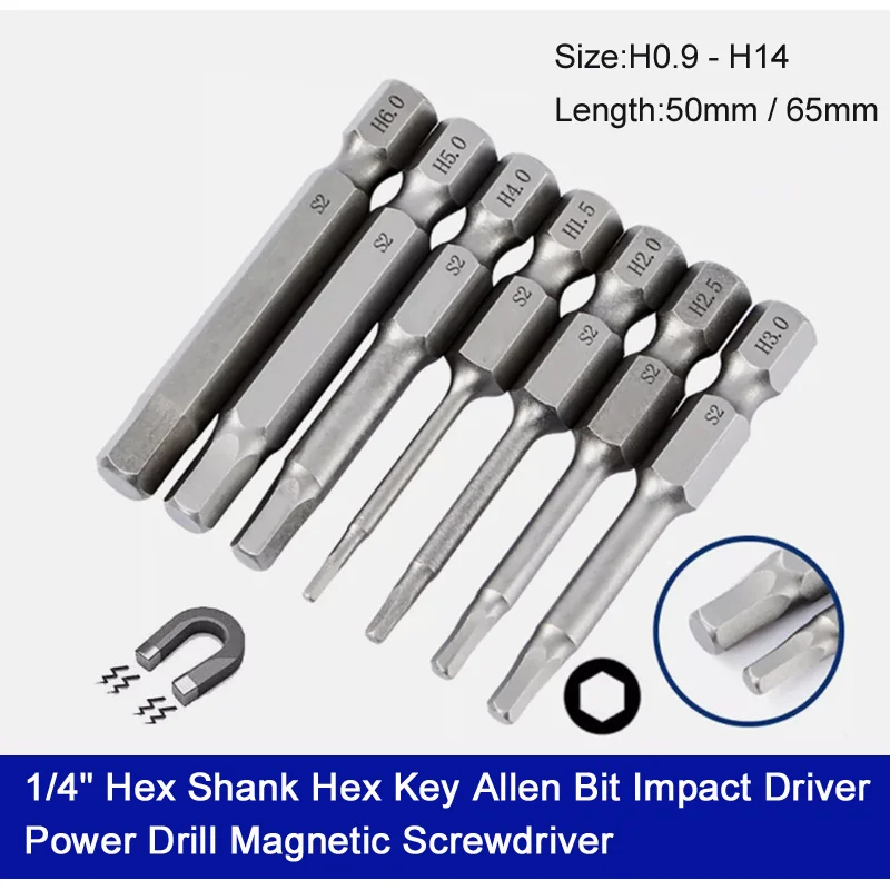 

H0.9~H12 1/4" Hex Shank Hex Key Allen Bit S2 Steel Impact Driver Power Drill Magnetic Screwdriver Length 50mm/65mm