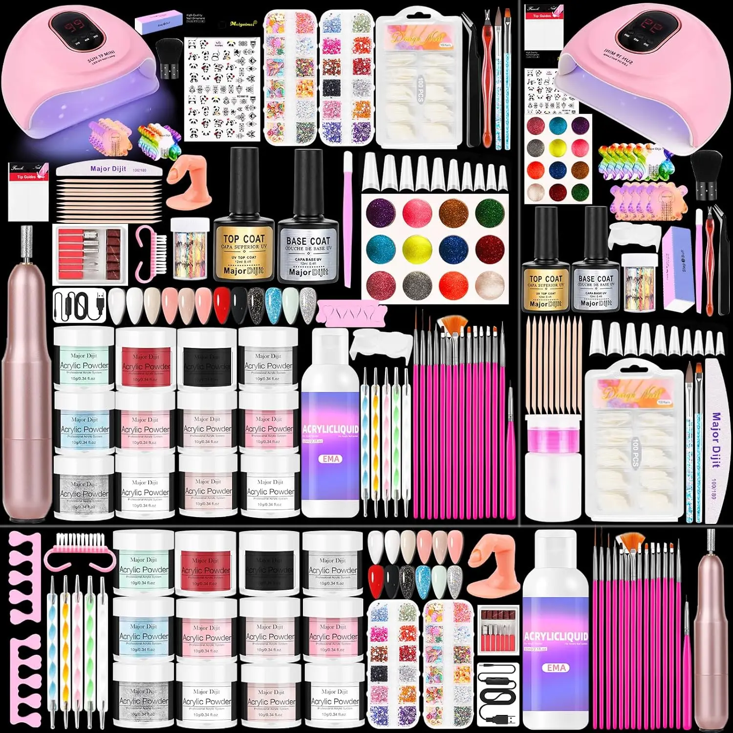 طقم أظافر أكريليك مع مصباح LED ومثقاب كهربائي - مسحوق 12 لونًا، مونومر، قاعدة/معطف علوي، أطراف، لامعة، ساحرة #1