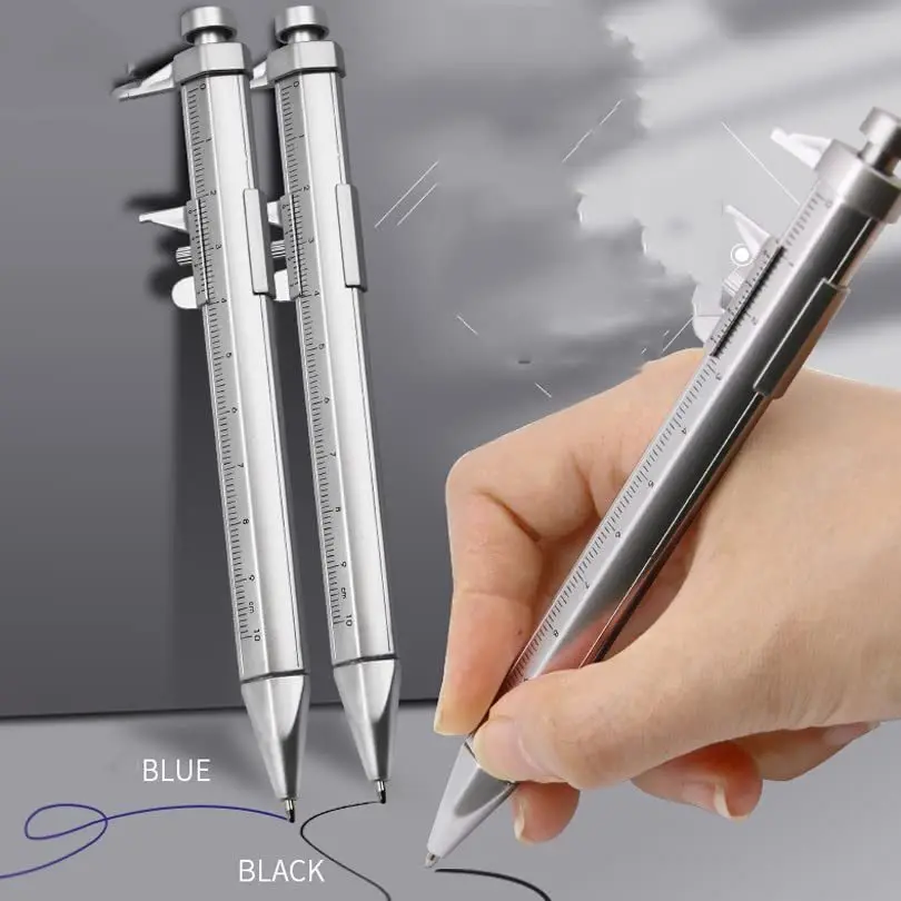 

2/10pcs Silver Caliper Pen with Scale Creative Office Promotional Gift Stationery Writing Instrument(1.0mm Black Silver Ink)