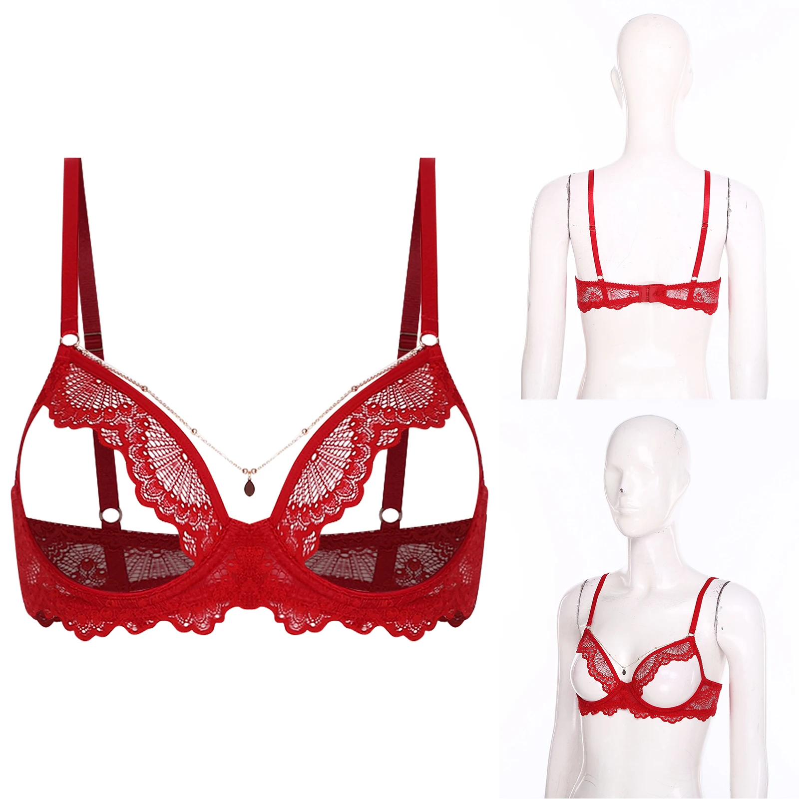 

Women Lingerie Stimulating Nipple Exposed Floral Lace Bra with Chain Decor Underwire Push-up Cage Bra for Couple's Tempting Bras