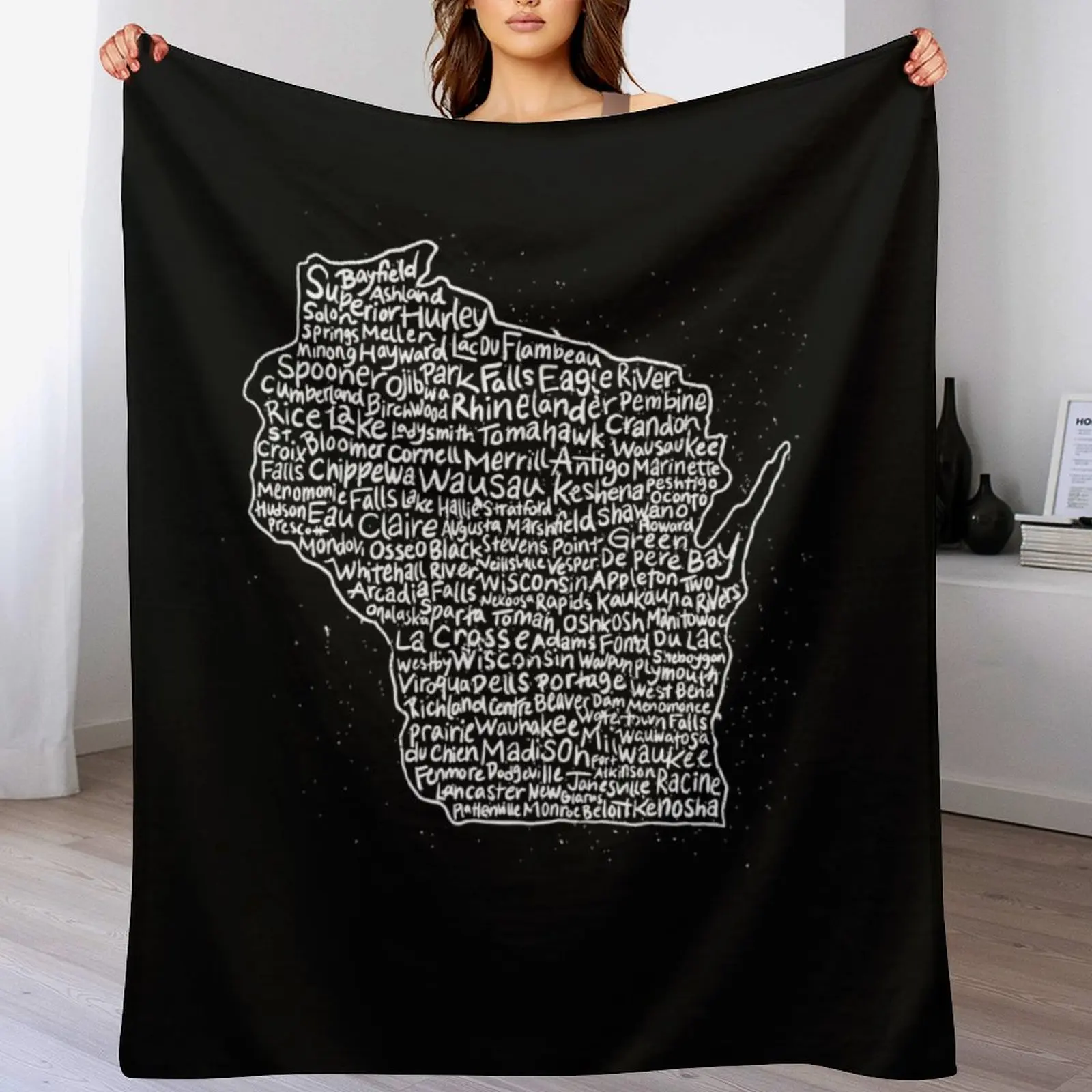 

Wisconsin Handwritten Map of State & Cities Throw Blanket Beach Hairy Furry blankets and throws Blankets