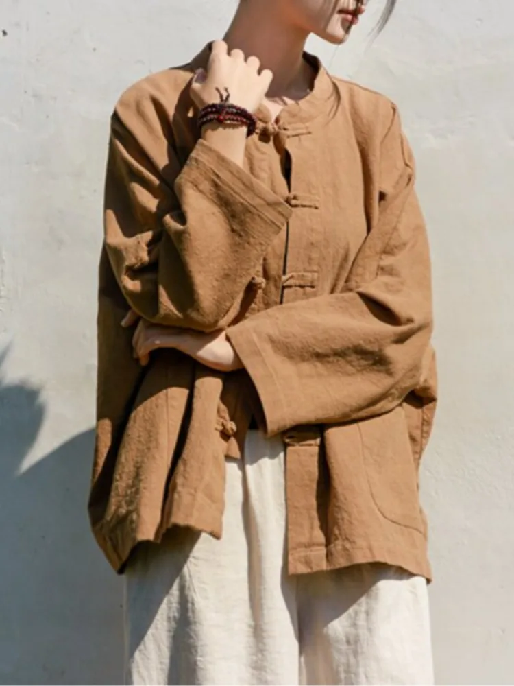 Retro Chinese Cotton Linen Shirt Jacket Women Spring Zen Collar Button Long Sleeve Slimming Linen Outerwear Top