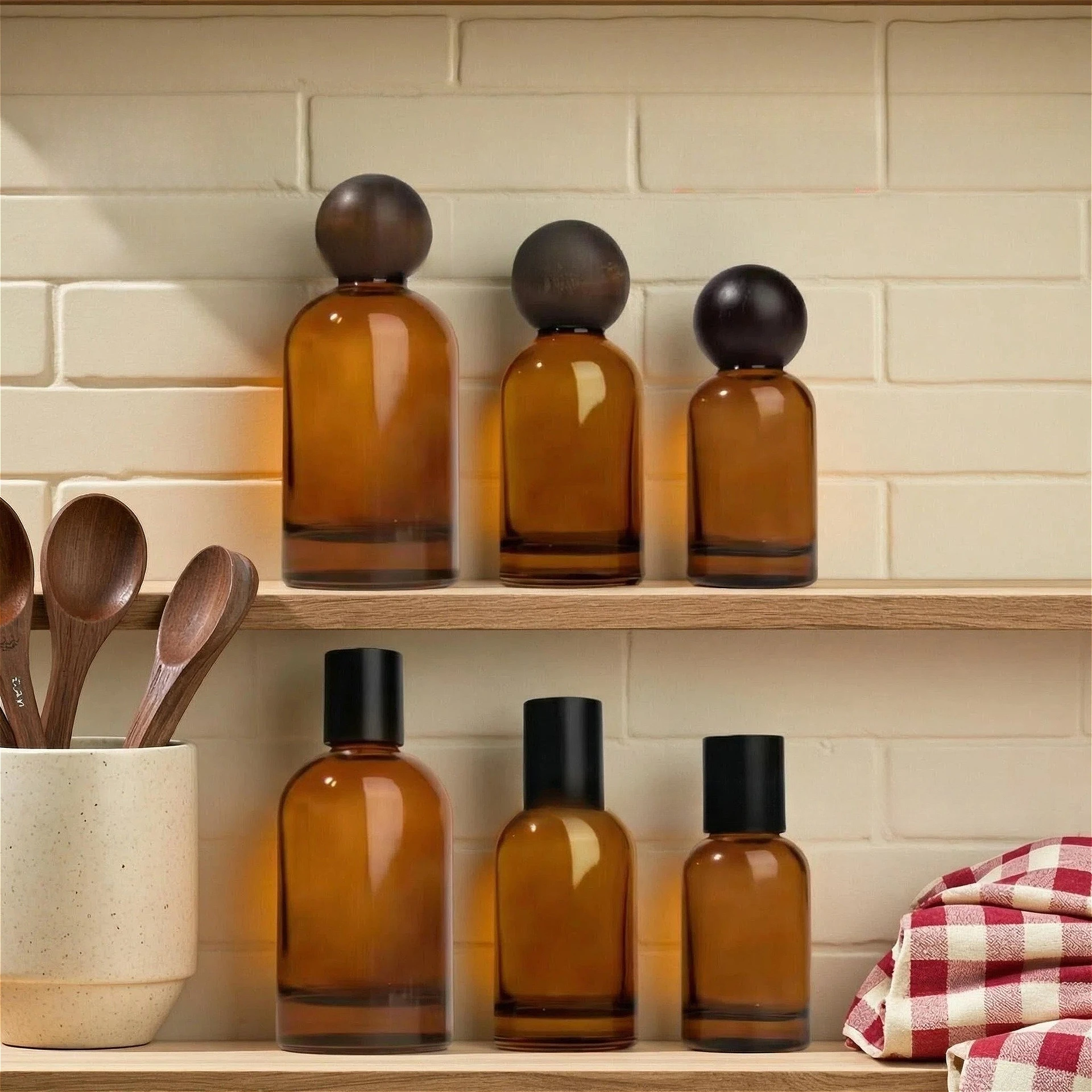 30/50/100ml Amber Glass Perfume Spray Bottle with Wooden Cap, Fine Mist Atomizer, Empty Cosmetic Container