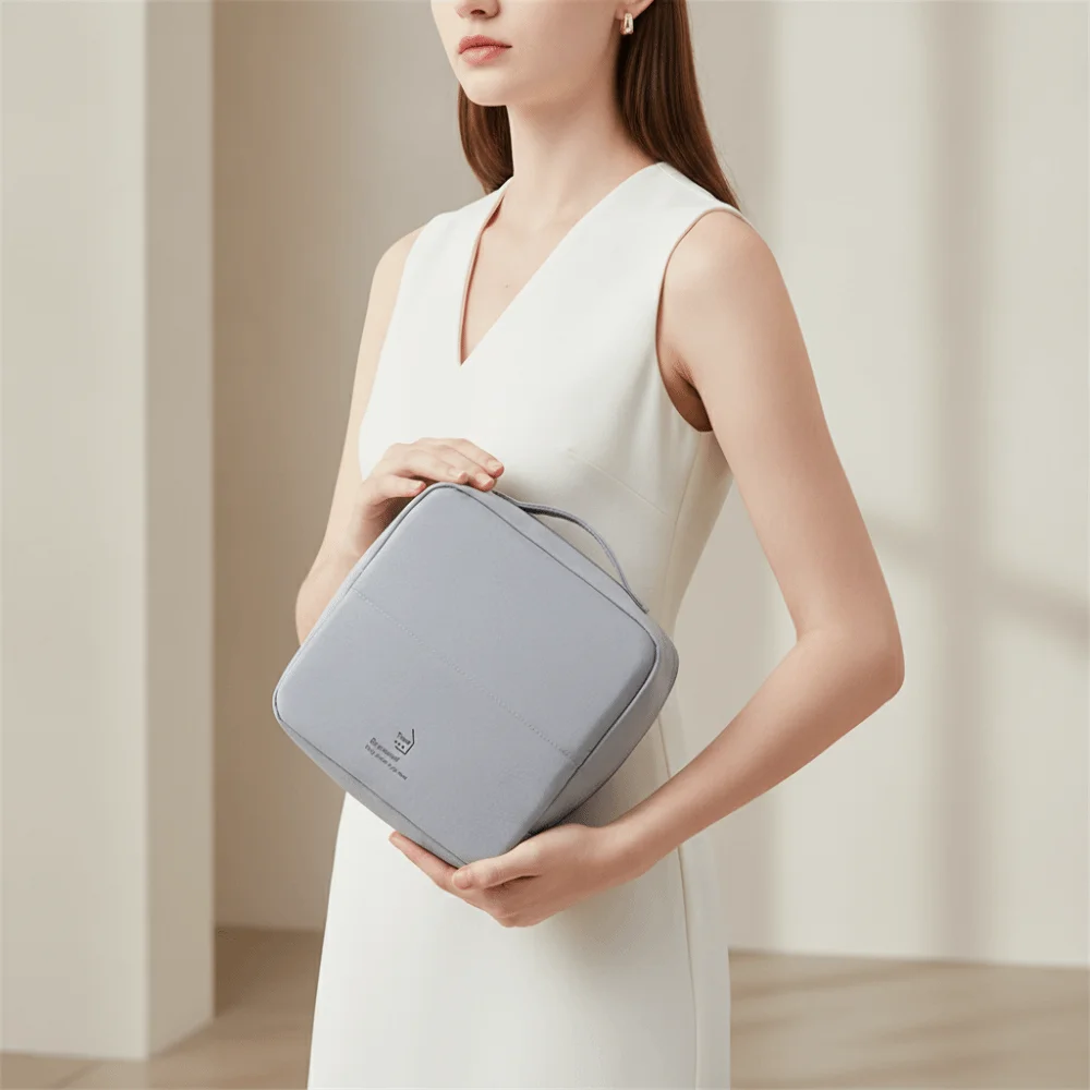 Large Open Standing Makeup Bag Waterproof Fabric Smooth Zipper Cosmetic Pouch Strong Handle Solid Color Toiletry Organizer