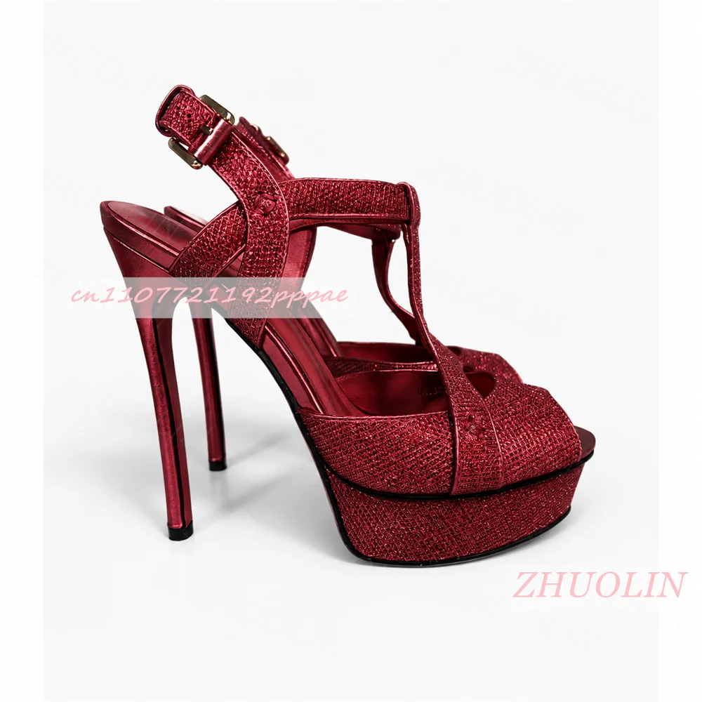 Women Peep Toe Platform Sandals Thin Stiletto Heel Gold Glitter T‑Strap Closure Ladies Wedding Party Evening High Heel Sandals