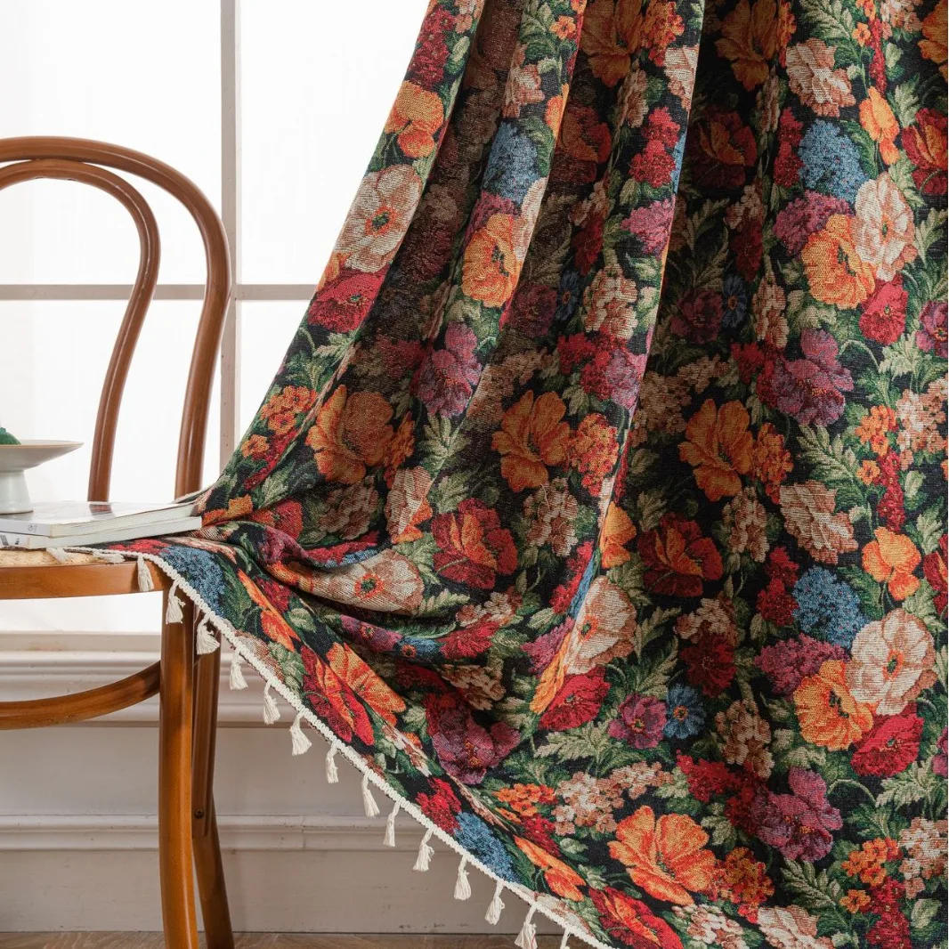 

American Cotton Color-blocking Floral Jacquard Finished Curtains Kitchen Bay Window Semi-shading Tassels Decorative Curtains