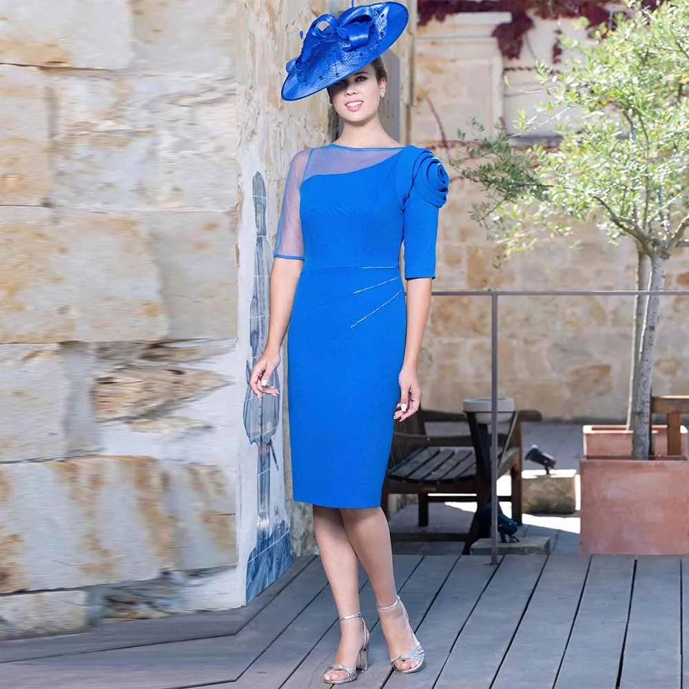 

Retro Women's Cocktail Party Gowns 2025 Crepe Fabric Sheath/Column Groom's Mother Dress Blue Boat Neck 3D flowers Prom Dress