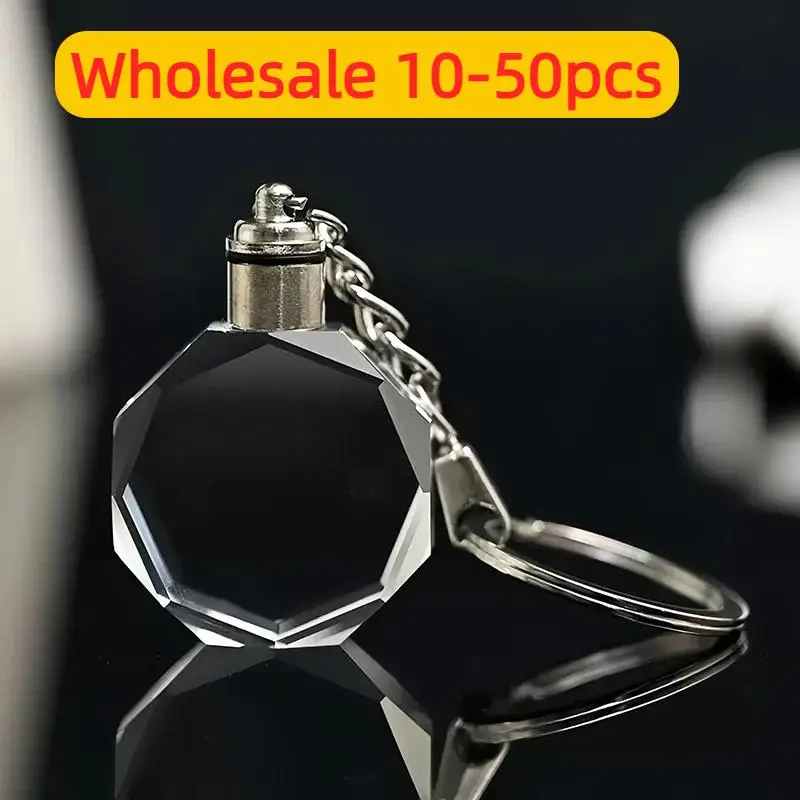 Wholesale 10-50pcs Blank Octagon Crystal Keychain with colorful light Pendant for 3D Laser Engraving with Gift Box