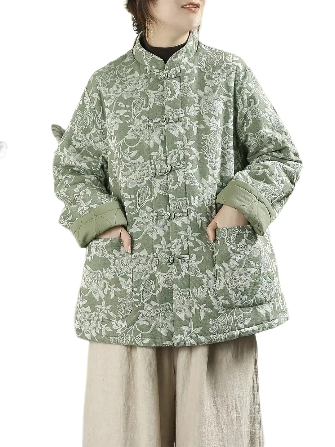 Thiened algodão jaet floral impressão gola botão encerramento casaco de inverno feminino retro sle longo sve ajuste regular
