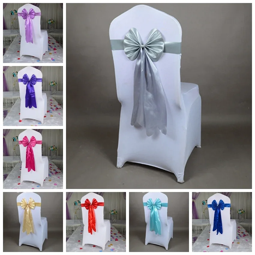 12 Colours Wedding Chair Knots Decoration Wholesale PU Chair Sash Long Tail  Bow Tie Ready Made Sash Spandex Ribbon