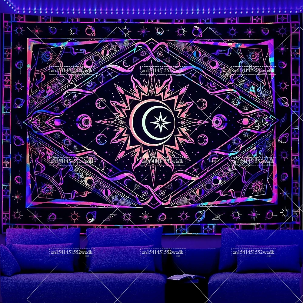 

Blacklight Sun and Moon Tapestry Celestial Neon Spiritual Eye Aesthetic UV Reactive Bedroom Decor Wall Art Glow Party Backdrops