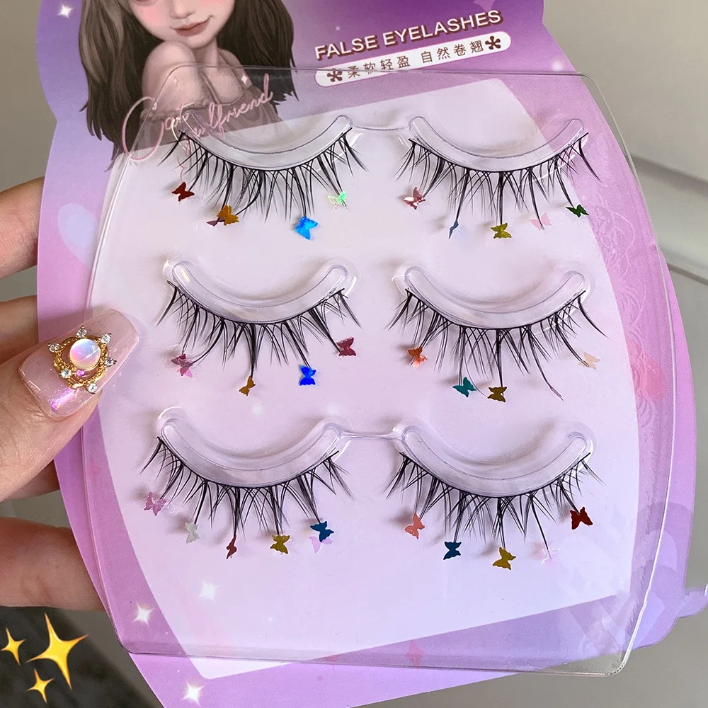 3 paia di ciglia finte stile un pezzo con farfalla, cuore d'amore, perle, strass, paillettes, ciglia naturali, strumenti per il trucco