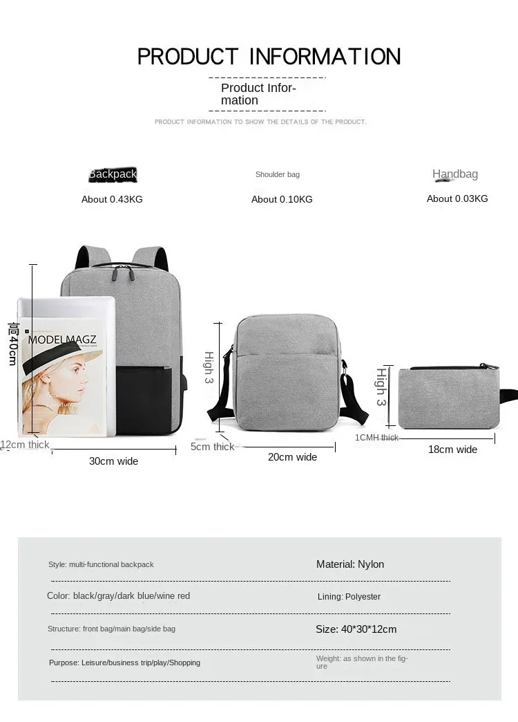 Simple New Fashion Backpack Rechargeable USB Large Capacity Computer Bag Three Piece Business Travel Backpack Backpack Women