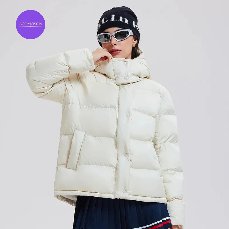 ACOMOSON EU US Size High Quality 95% White Duck Down Jacket Women Lightweight Puff Windproof Warm Hooded Down Jacket
