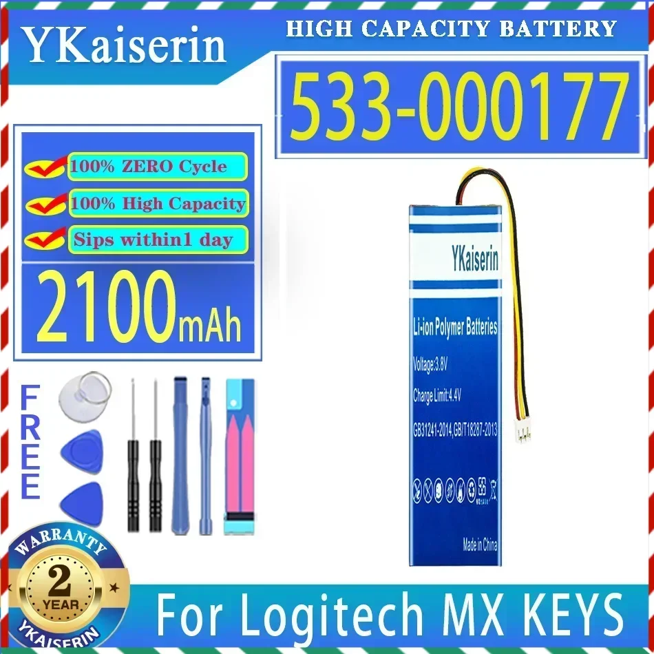 YKaiserin 2100mAh Replacement Battery 533-000177 For Logitech MX KEYS YR0073 Bateria