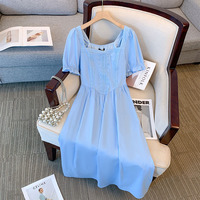 150Kg Plus Size Women's Bust 148 Summer Loose French Gentle Style Square Neck Dress Blue 4XL 5XL 6XL 7XL 8XL 9XL