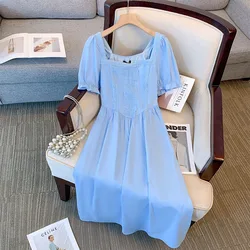 150Kg Plus Size Women's Bust 148 Summer Loose French Gentle Style Square Neck Dress Blue 5XL 6XL 7XL 8XL 9XL