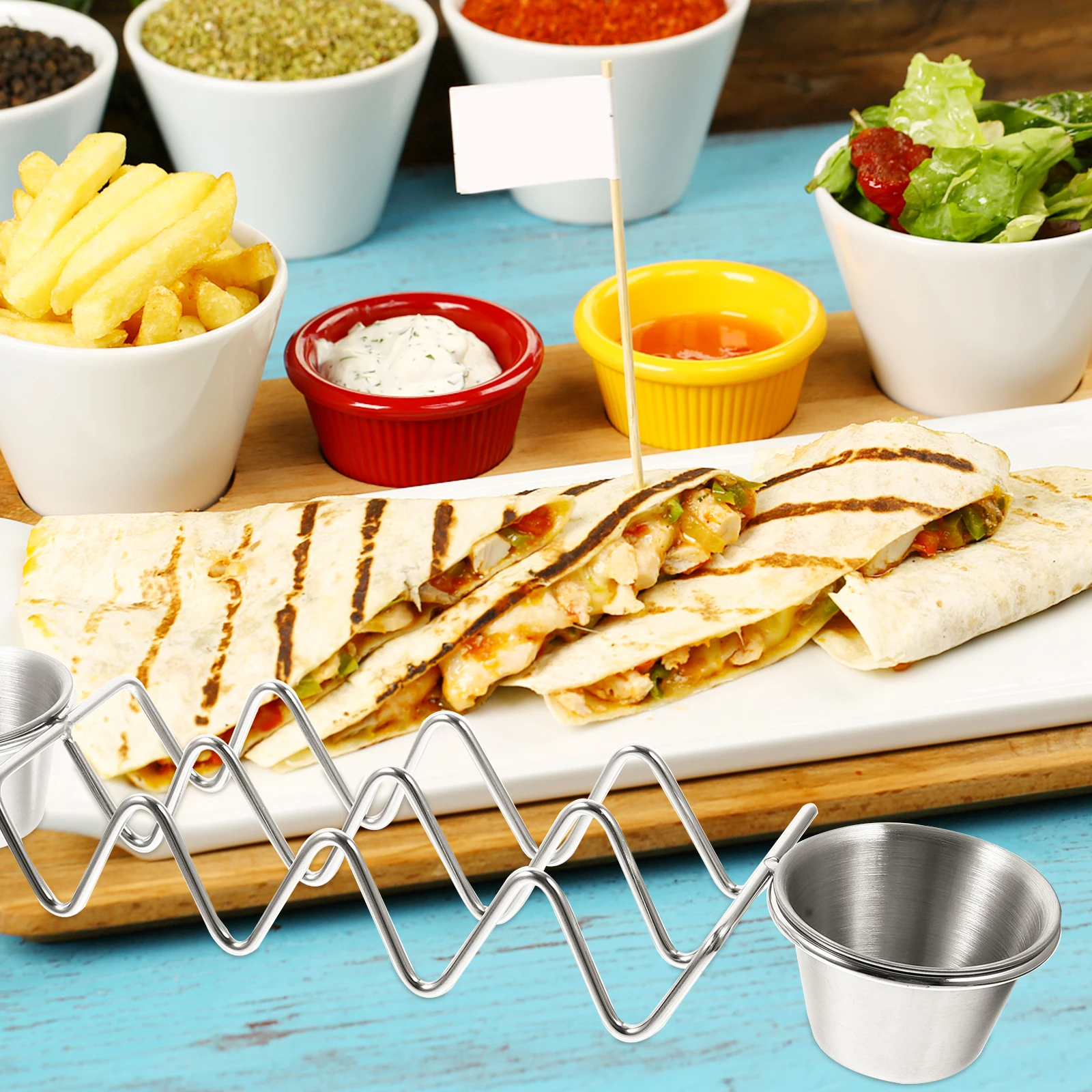 

304 Stainless Steel Taco Tortilla Rack Burrito Holder Baked Pancake St Metal Taco Holder Seasoning Cup Easy Storage